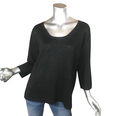 Blusa tejida evie para mujer 1X negra mezcla de seda manga 3/4 cuello cuadrado Foto 1 de 4