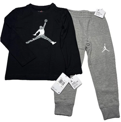 NIKE AIR JORDAN BOY'S 2 PC SET BLACK LONG SLEEVE TEE GRAY SWEATPANTS SIZE 4 $55 - Image 1 of 4