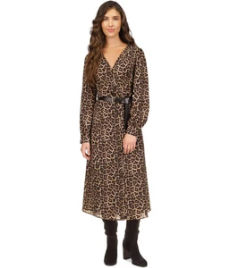 Michael Kors Womens Animal Print Belted Midi Dress - Picture 1 of 2