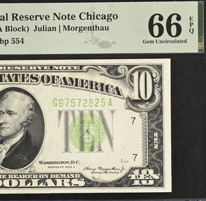 1934A $10 FRN PMG 66EPQ - Top Pop 1/0 Highest Graded - Chicago Mule - Fr 2006-Gm - Picture 1 of 5