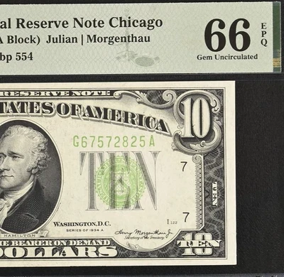 1934A $10 FRN PMG 66EPQ - Top Pop 1/0 Highest Graded - Chicago Mule - Fr 2006-Gm - Image 1 of 4