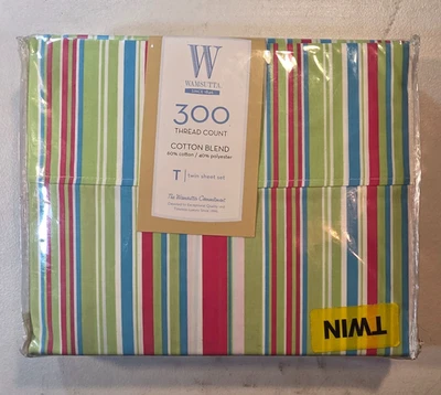 3 Piece 300 Count Twin Wamsutta Sheet Set 60/40 Striped Flat Fitted & Pillowcase - Image 1 of 4