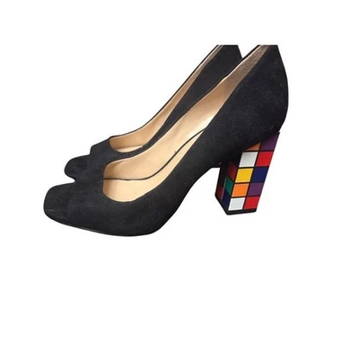Zapatos para mujer Katy Perry negros de gamuza punta cuadrada tacón bloque Rubiks tacón cubo Foto 1 de 4
