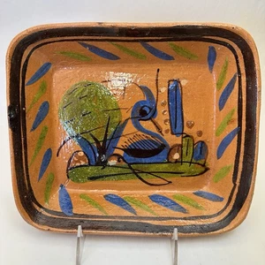 Vtg Mexican Tlaquepaque Redware Colorful Folk Art Pottery Plate Tray 9 3/8 X 8 - Picture 1 of 16