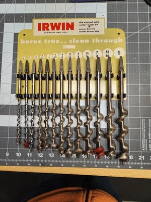 Irwin vintage hand auger brace drill bits (NOS/lightly used) w/ wall display! - Image 1 of 2