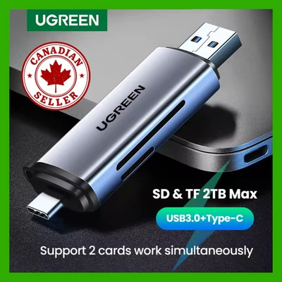 Adaptador leitor de cartão USB 3.0 e USB‐C para cartões de memória SD, microSD e TF UGREEN - Imagem 1 de 4