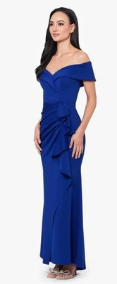 Vestido de crepé Ignite Evenings fuera del hombro con volantes y abertura azul talla 16 $239 Foto 1 de 4