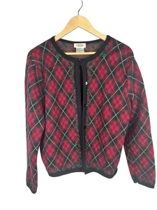 Cárdigan Suéter XL Navidad Cuadros Talbots Holiday Lana Merino Acebo - Imagen 1 de 6