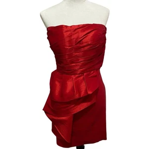 Calvin Klein Red Mini Dress Strapless Pleated Bodice Asymmetrical Peplum - Picture 1 of 10