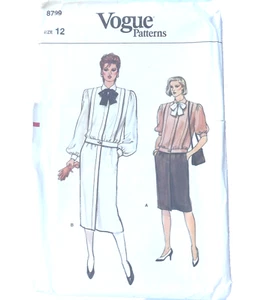 Vogue 8799 Size 12 Sewing Pattern Bow Tie Blouse Button Front Skirt Puff Sleeves - Picture 1 of 5