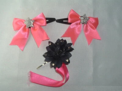 PINK RIBBON RHINESTONE STAR BARRETTE CLIPS & BLACK FLOWER BOBBY PIN - Image 1 of 2
