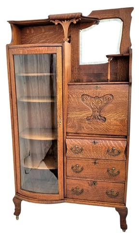 Vtg Tiger Oak SIDE BY SIDE BOWED / BENT GLASS SECRETARY DESK China Bookcase Cover
