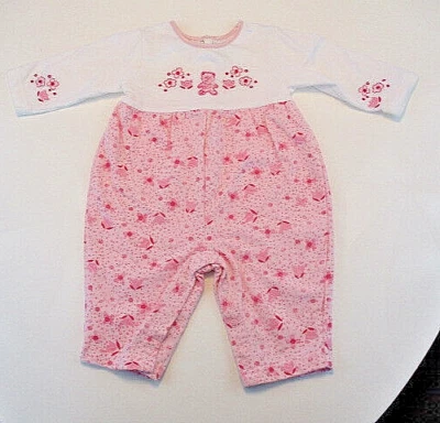 MINIWEAR Romper Meninas Tamanho 6-9 mos Rosa Branco L/S Roupa Única Flores Urso - Imagem 1 de 4