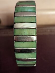 Vintage Silver Color Brass & Jade Inlay Large Bangle Bracelets