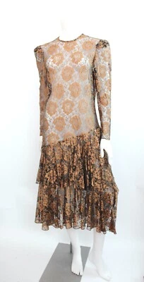 Vtg Lace Asymmetrical Party Dress Dropwaist Skirt Tango Semi Sheer Flapper Retro - Image 1 of 4