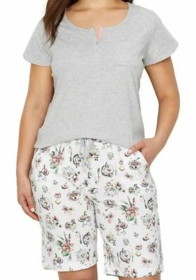 GRIS BLANCO COMEDOR BERMUDA SHORTS KAREN NEUBURGER 2 PIEZAS PIJAMA BOLSILLO P/M Foto 1 de 4