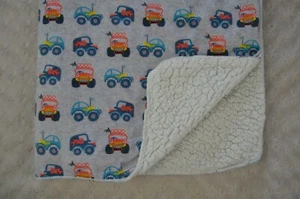 Manhattan Kids Monster Truck Baby Blanket Gray White Sherpa Blue Red Yellow - Picture 1 of 7