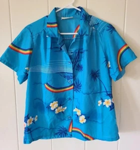 Helenas Hawaii S/M Blue Tropical Floral Rainbow Button Up Shrt Sleeve Top Women - Picture 1 of 5