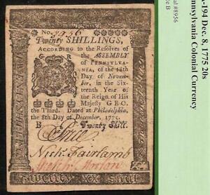 1775 PENNSYLVANIA COLONIAL CURRENCY NATURE PRINT NOTE MONEY PA-194 PCGS 50