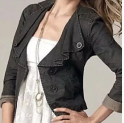 Cabi Women's Moto Bomber Jacket Waxed Linen Black Charcoal Ruffle #901 Sz Small - Image 1 of 4