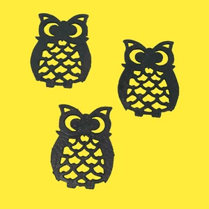 Cast Iron Trivet Set 3 OWL Vtg Black Metal Kitchen Wall Decor Nature Country - Picture 1 of 8