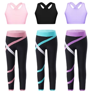 Kids Girls Dance Crop Top Athletic Legging Outfits Gymnastics Dance Activewear - Picture 1 of 18