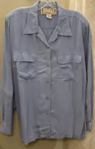 HYPE WOMAN’S 100% SILK BLUE LONG SLEEVE BUTTON FRONT BLOUSE W/CHEST POCKETS SZ L - Picture 1 of 4