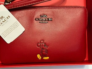 Disney X COACH Dark Red Mickey Mouse Leather Corner Zip Wristlet New 56266 - Picture 1 of 4