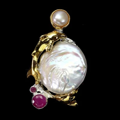 925 Sterling Silver Pendant Round Ruby 4mm Pearl Natural Gemstone Jewelry - Image 1 of 4