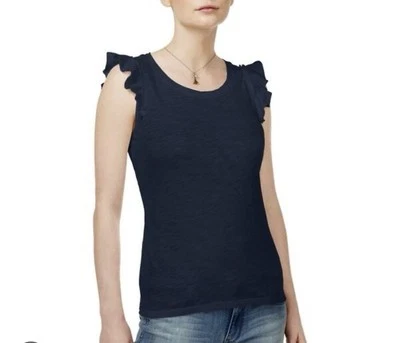 EUC Maison Jules Flutter Sleeve Basic T-shirt Dark Navy Black Small Side Slits - Image 1 of 4