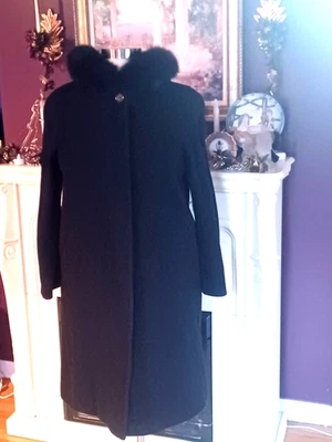 Abrigo de lana con capucha negro recortado de piel clásico para mujer Marvin Richards talla 8 Foto 1 de 4