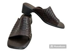 Vtg 90s Faded Glory Leather Sandal Sz 11W Brown Slide Woven Square Toe Boho