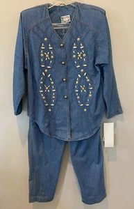 Vintage Monique Fashions Women's Sz 8p Gold Embellished Blue Denim 2 Pc. Outfit - Picture 1 of 12