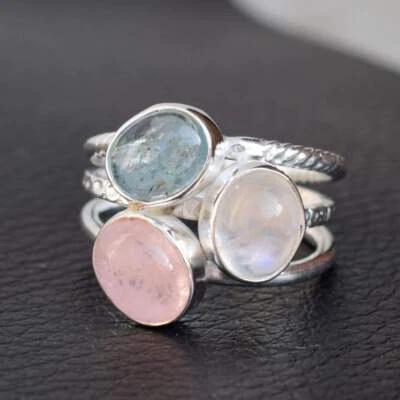 Moonstone Ring 925 Sterling Silver Three Gemstone Jewelry All Size MO5307 - Image 1 of 4