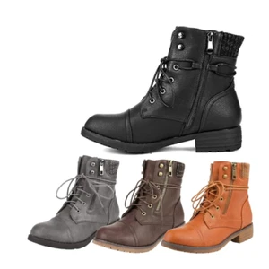 Womens Lace Up Combat Boots Low Heel Round Toe Ankle Boots Shoes - Picture 1 of 9