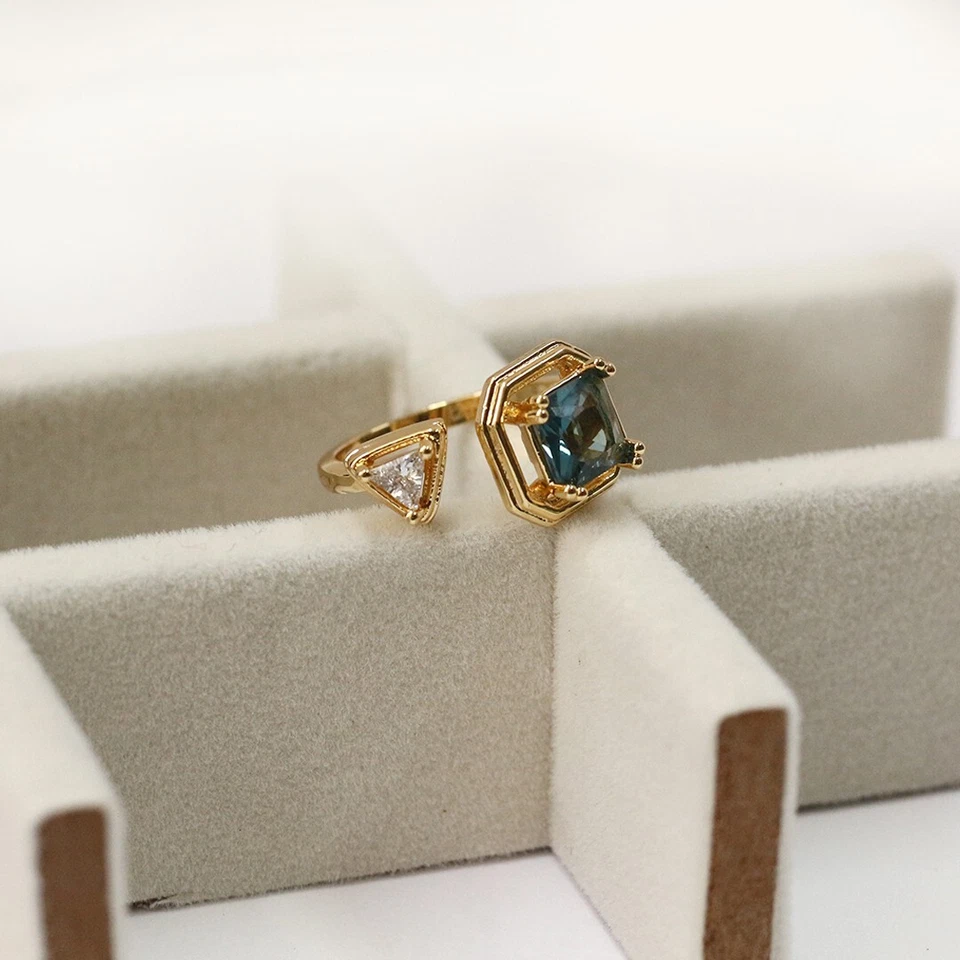 Геометрическое открытое кольцо позолоченный изумруд огранка сапфир и белый фианит заявление Rin - Изображение 1 из 4