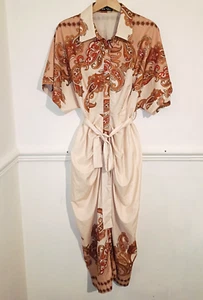 Shein Womens Dress Brown Size UK 12 14 Paisley Midi Maxi Rouched Shirt Belted - Picture 1 of 11