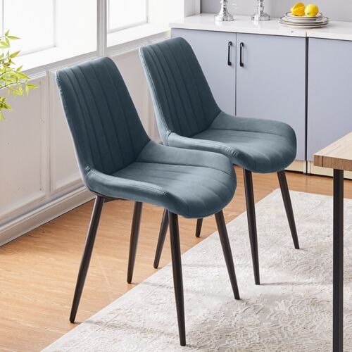 Blue Dining Chairs Set of 2 Faux Leather PU Seat Stripe Design Metal Leg