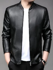 Men's Sleek Trendy Black Faux Leather Full Zip Jacket Moto Bomber Jacket - Picture 1 of 16