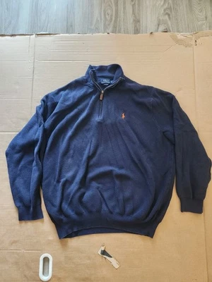 Polo Ralph Lauren 1/4 Zip Sweater Mens 3XLT  Navy Blue Polo Orange Pony - Image 1 of 4