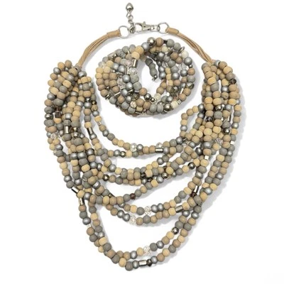 Juego de collar y brazalete en espiral con cuentas de madera natural de varios hilos Foto 1 de 4