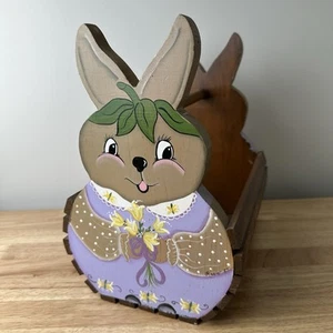 Vintage Rabbit Bunny Wood Basket With Handle Hand Painted Easter - Picture 1 of 8