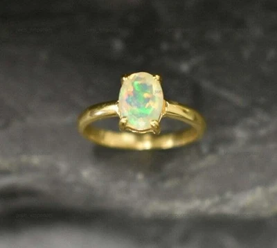 Anello nuziale impilabile naturale opali di fuoco ovale in argento sterling 925 - Immagine 1 di 4