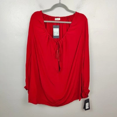 Saint Laurent Blouse Womens FR 40 US 8 Red Silk Puff Sleeve Drawstring Neckline - Image 1 of 4