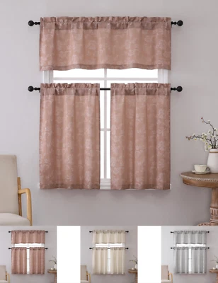 Conjunto de cortina de cozinha Kate Aurora 3 peças Orly jacquard floral camada e valance - Imagem 1 de 4