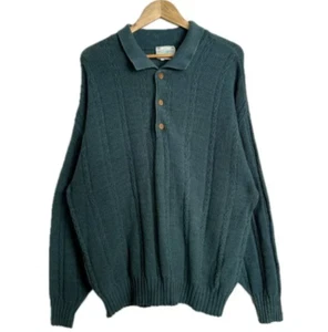 Vintage Sweater Men Large Green Polo Textured Knit Cotton 80s 90s Golf Grandpa - Picture 1 of 15