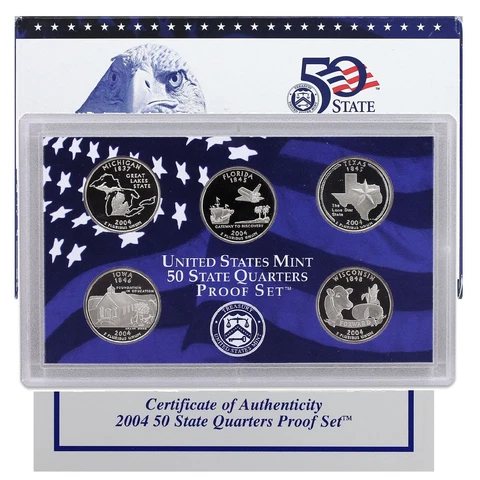 2004 S Proof State Quarter Set Gem DCam Original Box & COA 5 Coins CN-Clad Cover