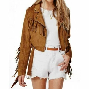 Womens Leather Jacket Brown Suede Fringe Biker Moto Custom Made Size S M L XL-23 - Picture 1 of 8