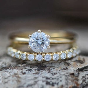 2Ct Yellow Gold Over Bridal Wedding Ring Set Round Lab-Created Diamond - Picture 1 of 7