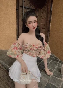 Silk floral off shoulder puff sleeve blouse size Small - Picture 1 of 5